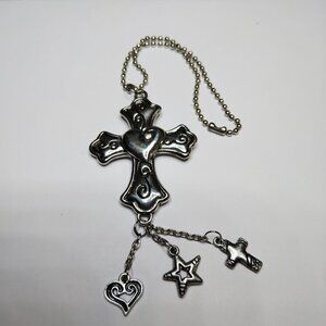 Silver-Toned Cross Car Charm with Heart Center, Star, Cross, and Heart Dangle